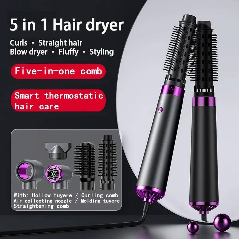 Multifunction 5 in 1 Hot Air Automatic Curling Rod Straight Comb Hair Dryer Salon Style Tool Fast Dry