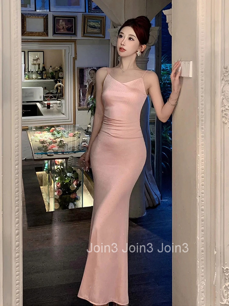 New Summer Fashion Pink Sweet Vacation Evening Fishtail Long Dress Women Clothes Sexy Strap Slim Party Prom Vestidos Robe Femme