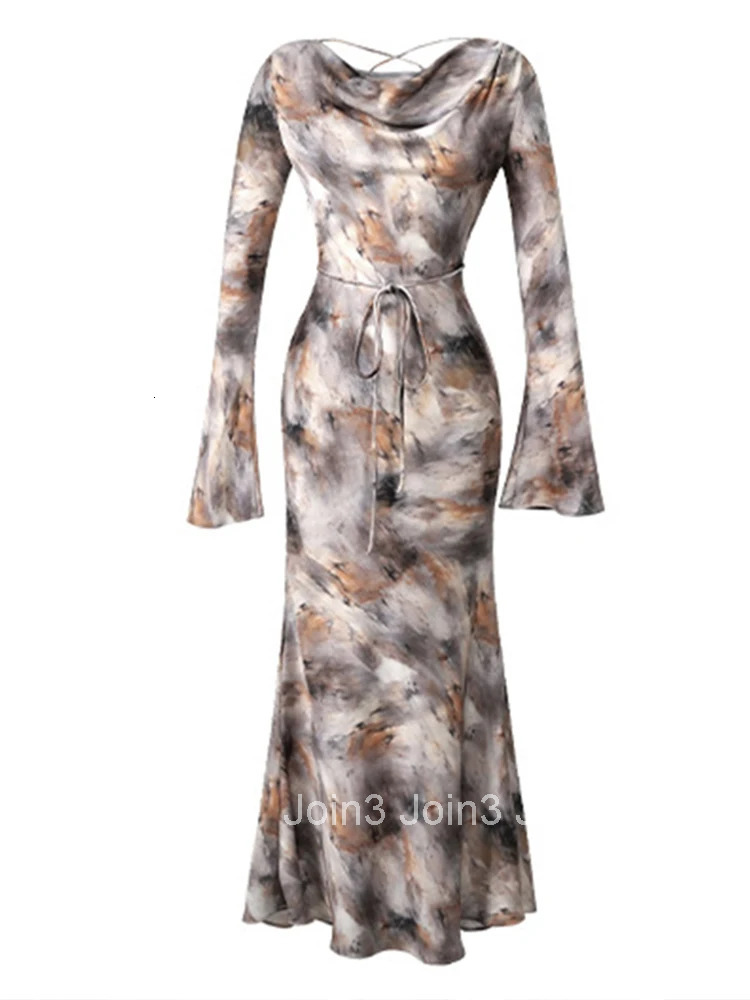 New Spring Autumn Casual Satin Print Fishtail Dress Women Clothes Elegant Lady Retro Flared Sleeve Slim Midi Robe Party Vestidos