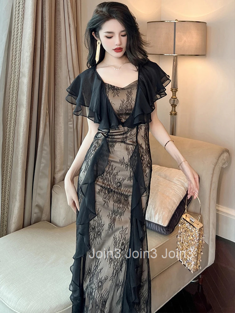 Summer Evening Dress Women Elegant Chic Lace Black Butterfly Sleeve Slim Midi Party Club Mujer Robe Femme Vestido Street Clothes