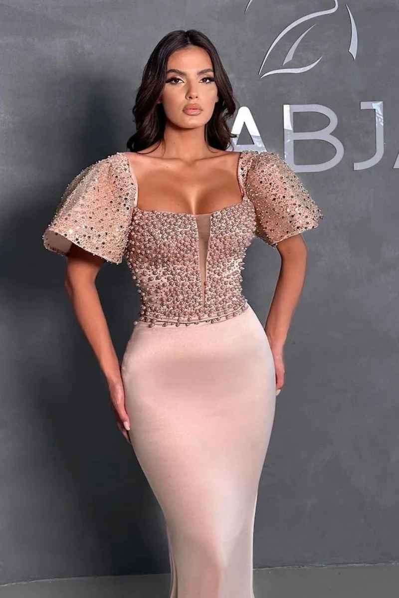 Gorgeous Pearls Mermaid Evening Dress Square Neck Short Sleeve Prom Gowns Sheath Beaded Floor Length Formal Dresses Customized