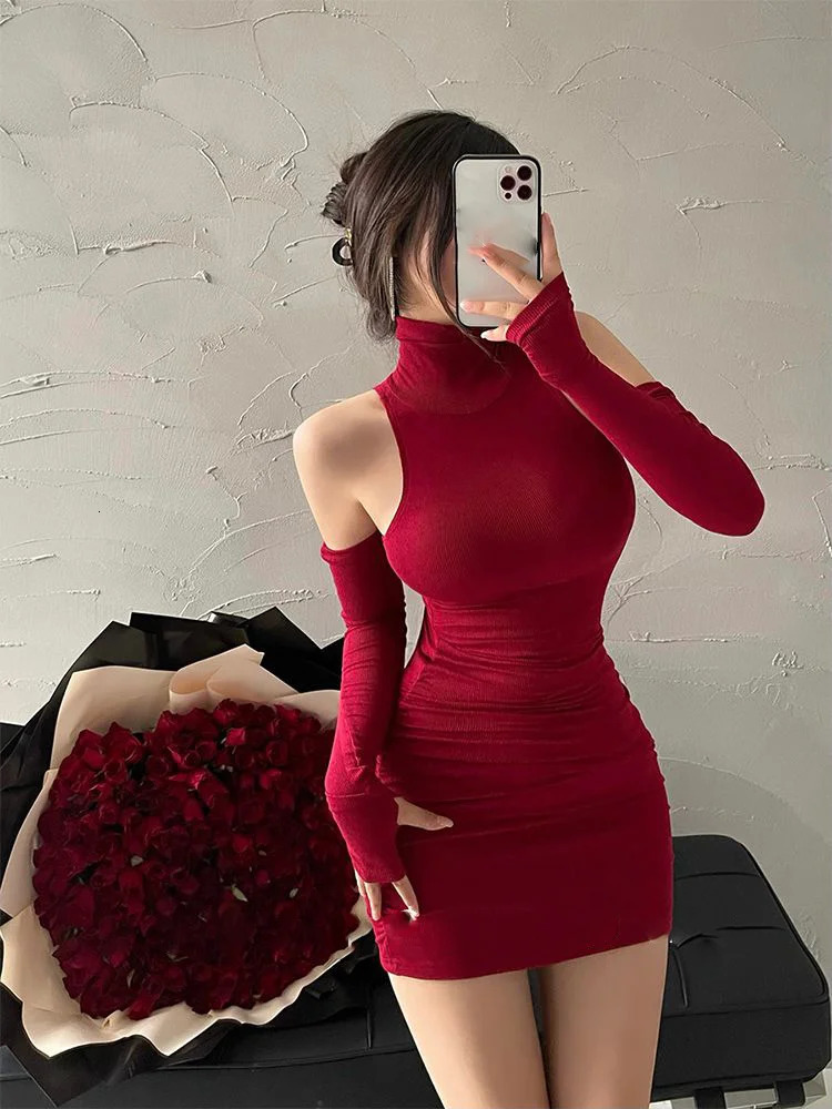 Sexy Mini Dress Oversleeve Pleated Bodycon High Neck Autumn Black Shinny Elastic Party Tank Hip Wrap Dresses Club 250614