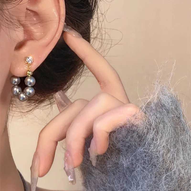 New Delicate Gray Pearl Zircon Hoop Earrings for Women Vintage Elegant Crystal Beaded Earrings Bride Wedding Jewelry Gifts XJ250623