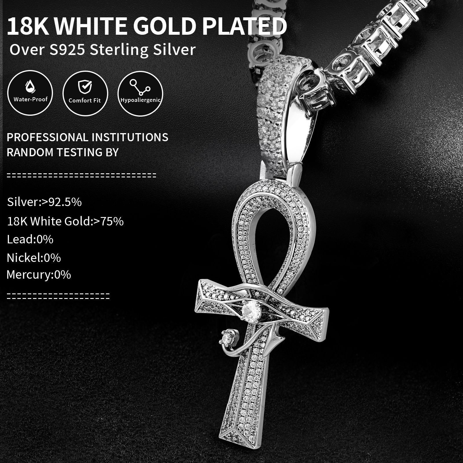 Best Seller Full Iced Out Classic Egyptian Cross Pendant Hip Hop Luxury Moissanite Statement Necklace Pass the diamond tester