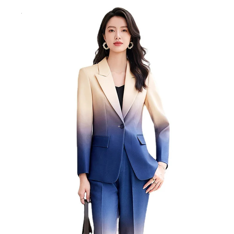 HIGH STREET est Fashion 2024 Suit Set Womens Gradient Color Printed Single Button Blazer Flare Pants 250614