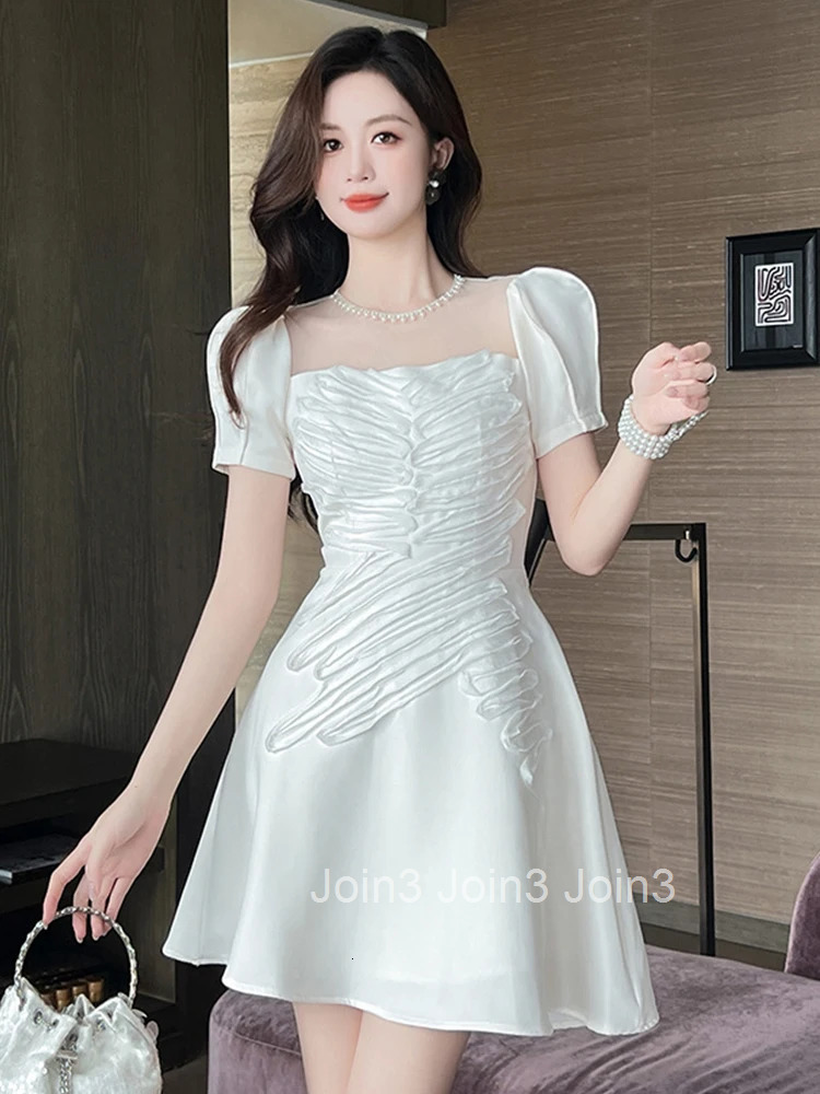 Summer Casual White Sweet Evening Dress Women Clothes Elegant Retro Sheer Sexy Puff Sleeve Slim A-Line Short Party Prom Vestidos