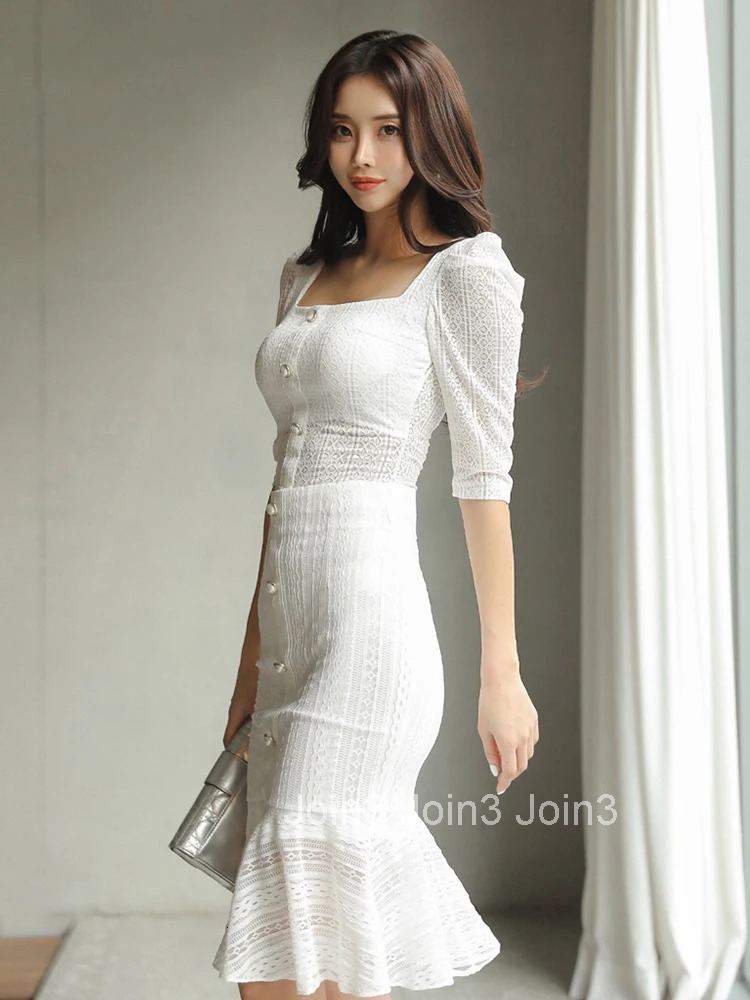 Lace 2 Piece Outfit Elegant Women Chic White Square Collar Short Crop Tops Shirt Blouse Mermaid Midi Skirt Slim Femme Mujer Sets