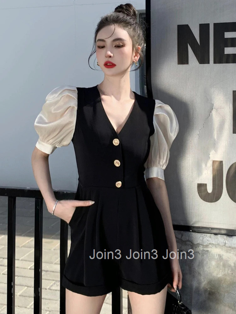 Korean Women One Piece Jumpsuit Casual Vintage V-Neck Puff Sleeve Lady Mujer High Waist Folds Slim Shorts Romper Playsuit Summer