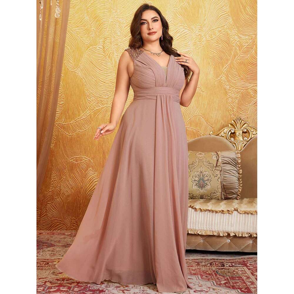 Unithorse Plus Size V-Neck Sleeveless Bust Ruched Sequin Patchwork Chiffon Dress