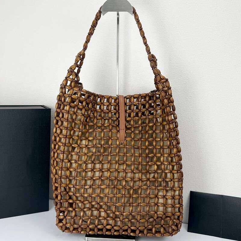 High Quality Women's Tote Handmade Retro Wooden Bead Woven Handbag Fashionable Armpit Bag 2025 New Model with Small Wallet