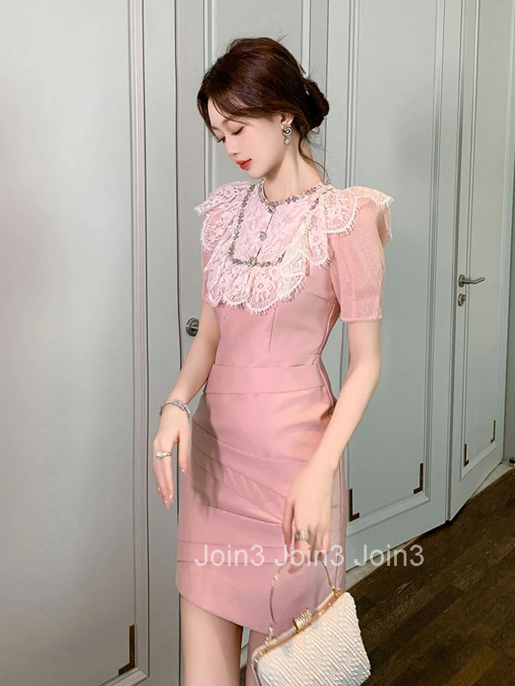 New Summer Fashion Pink Sweet Elegant Luxury Evening Dress Women Clothes Lace Splic Short Sleeve Slim Party Prom Vestidos Fiesta