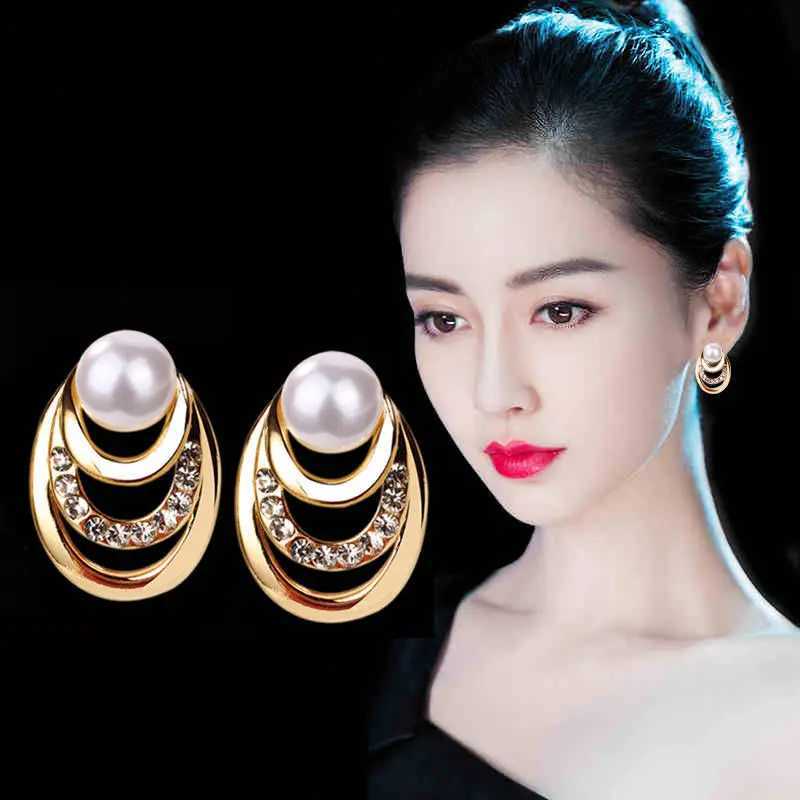 Korean Design Crystal Imitation Pearl Stud Earrings For Women Elegant Multi-layer Circles Gold Color Fashion Jewelry XJ250623