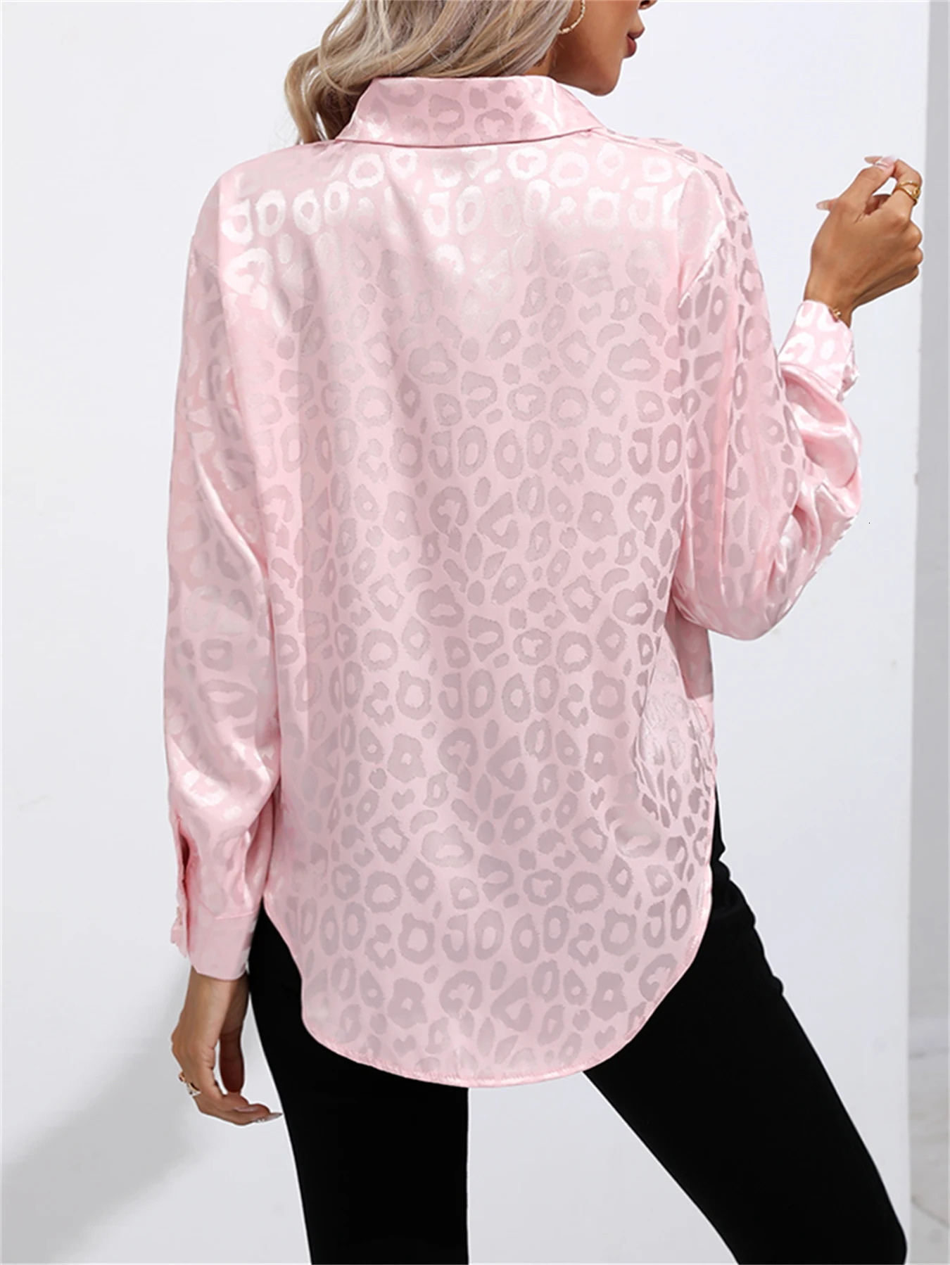 Elegant Lapel Collar Button Front Long Sleeve Leopard Shirt For Women Satin Blouse 250617