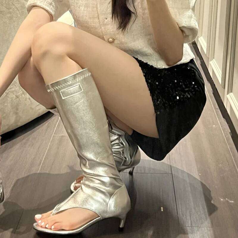 Eilyken Designer Clip Toe Low Heels Knee High Boot Sandals Woman Fashion Zipper Banquet Summer Shoes Flip Flops Botas Mujer