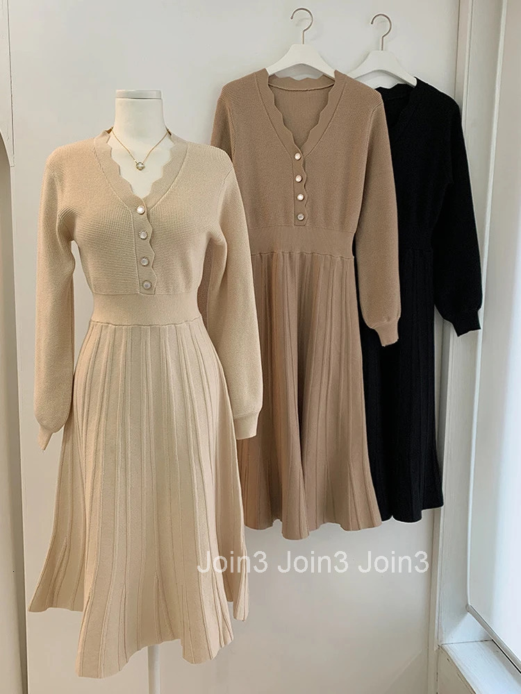 New Fashion Autumn Winter Knitted Long Dress Women Ladies Clothes Sweater Inner-Match V-Neck Slim Midi Mujer Robe Femme Vestidos