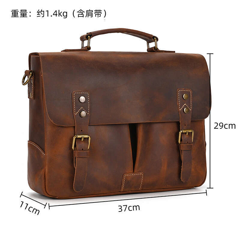 Men's Briefcase Crazy Horse 15 16inch Cowhide Commuter Genuine Leather Shoulder Laptop Bag