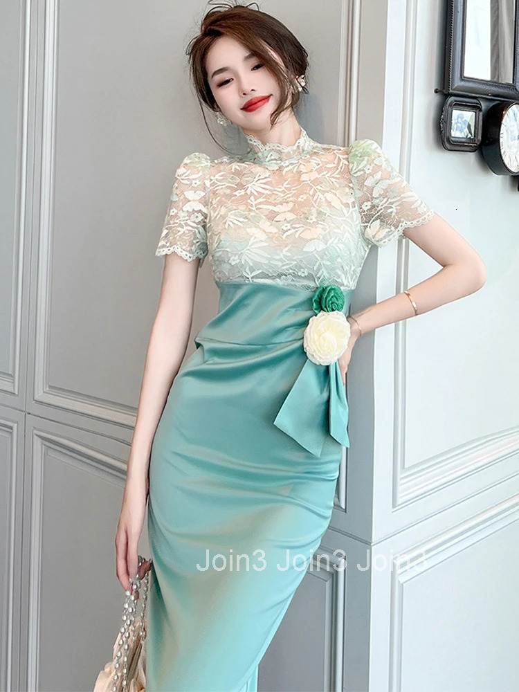 Summer Evening Dress For Women Elegant Chic Lace Spliced Satin Sheer Short Sleeve Wrap Hip Midi Party Prom Mujer Vestidos Street