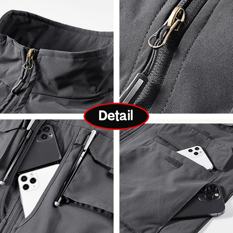 Summer Men Fishing Multiple Pockets Solid Stand Collar Vest Men Sleeveless Outdoor Casual Breathable Zipper Vest Male Coat 250617