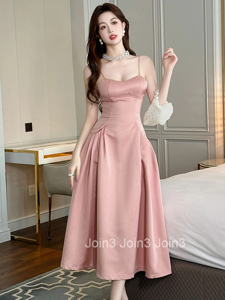 New French Elegant Summer Pink Gown Evening Dress Women Clothes Sweet Sexy Sling Folds Slim Long Robe Party Prom Vestidos Fiesta