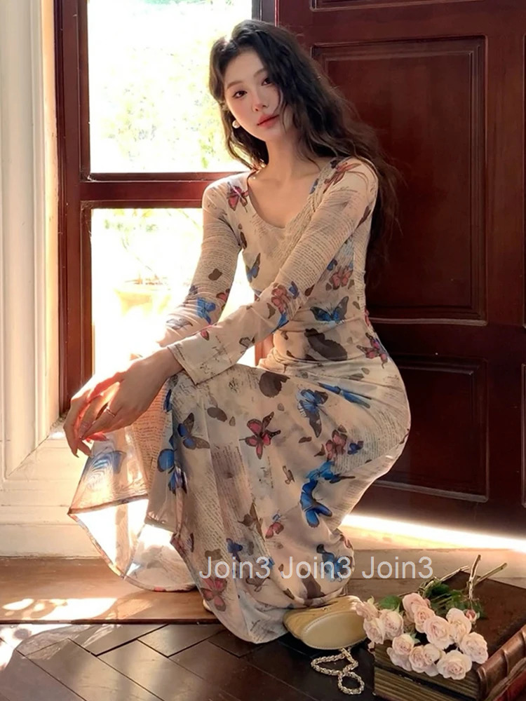 Sexy Retro Butterfly Print Dress for Women Holiday Hotsweet Sweet Long Sleeve Robe Female Vacation Beach Street Vestidos Mujer