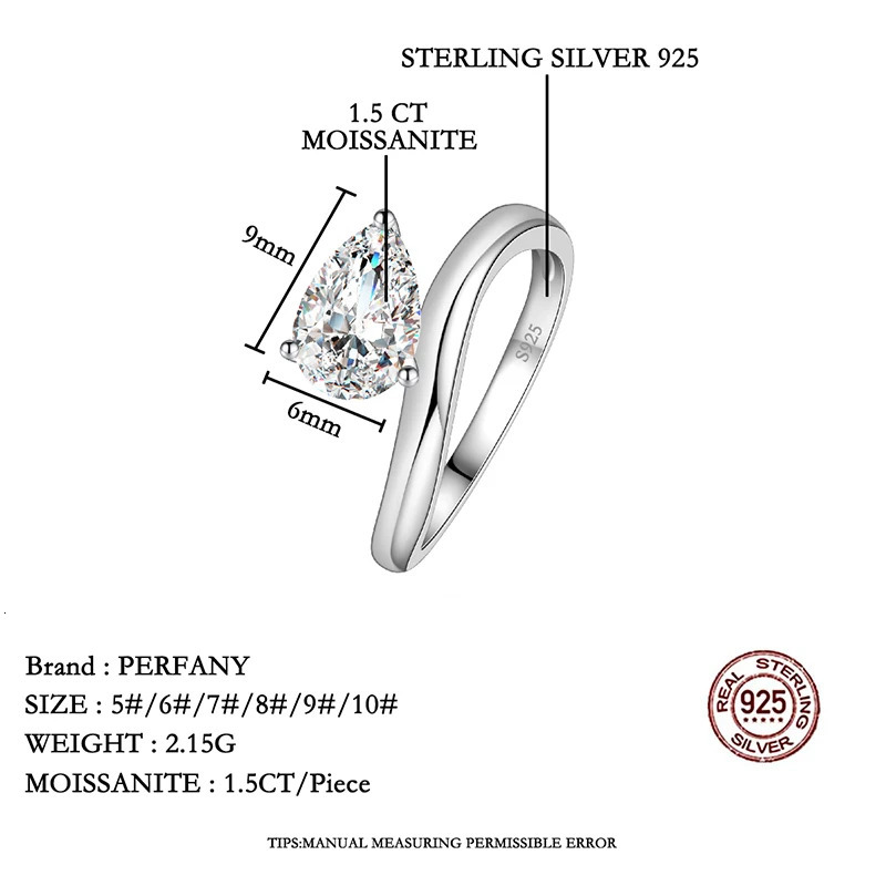 PERFANY 1.5CT Pear Cut Ring for Women S925 Pure Silver Waterdrop Laboratory Diamond Fashion Wedding Jewelry Gift 250617