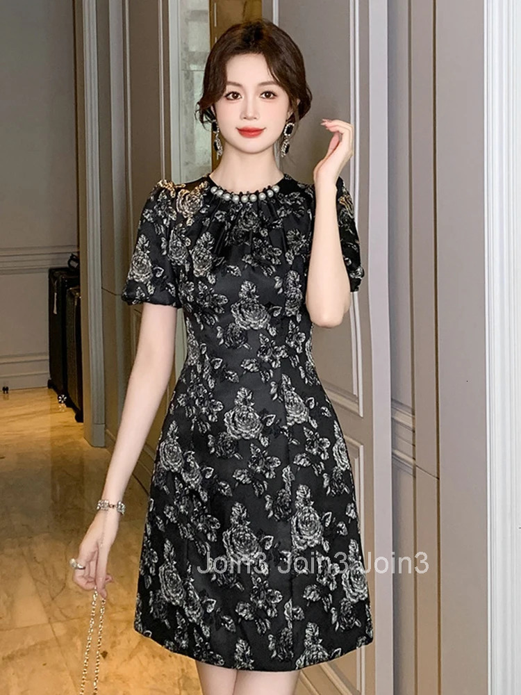Summer Fashion Jacquard Elegant Luxury Retro O-Neck A-Line Dress Women Clothes Puff Sleeve Slim Short Party Prom Vestidos Fiesta