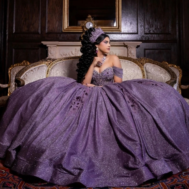 Purple Shiny Ball Gown Quinceanera Dresses Glitter Lace Applique Beading Crystal Bow Tull Sweet 16 Dress Vestidos De 15 Anos