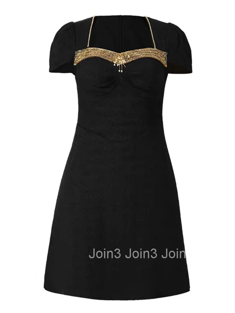 Summer Black Square Collar Gown Evening Dress Women Clothes Elegant Retro Puff Sleeve Slim A-Line Short Party Club Prom Vestidos