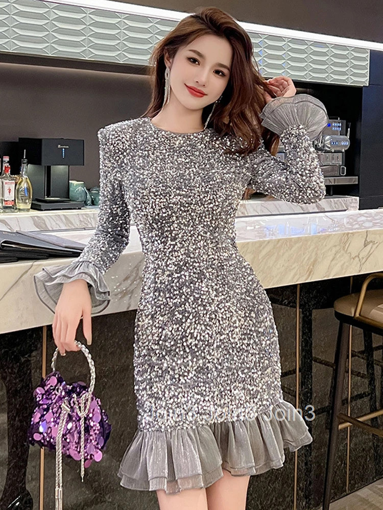 New Autumn Fashion Retro Silvery Sequin Evening Dress Women Clothes Flare Sleeve Skinny Fishtail Short Party Prom Vestido Fiesta