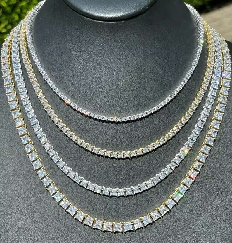 Fully Iced Out Starling Silver Square Princess Cut Moissanite Diamond Tennis Chain Necklace Hip Hop Jewelry Customized Jewelry