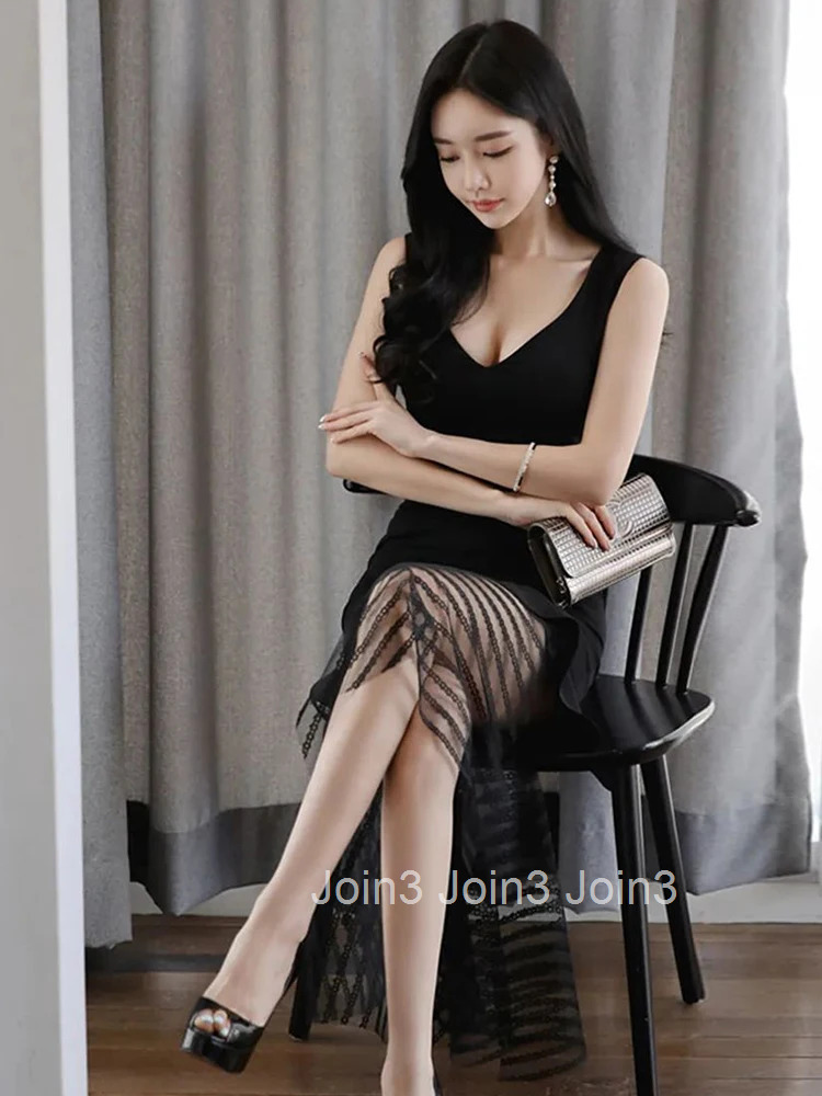 New Summer Fashion Elegant Black Evening Long Dress Women Clothes Sexy V-Neck Sleeveless Slim Party Club Prom Vestido Robe Femme