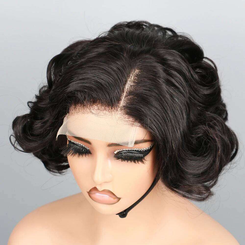 Layered Haircut Wavy Human Hair Bob Pre Cut Glueless HD Lace Clousre Wig Side Parted Short Bouncy Curly Frontal Wigs