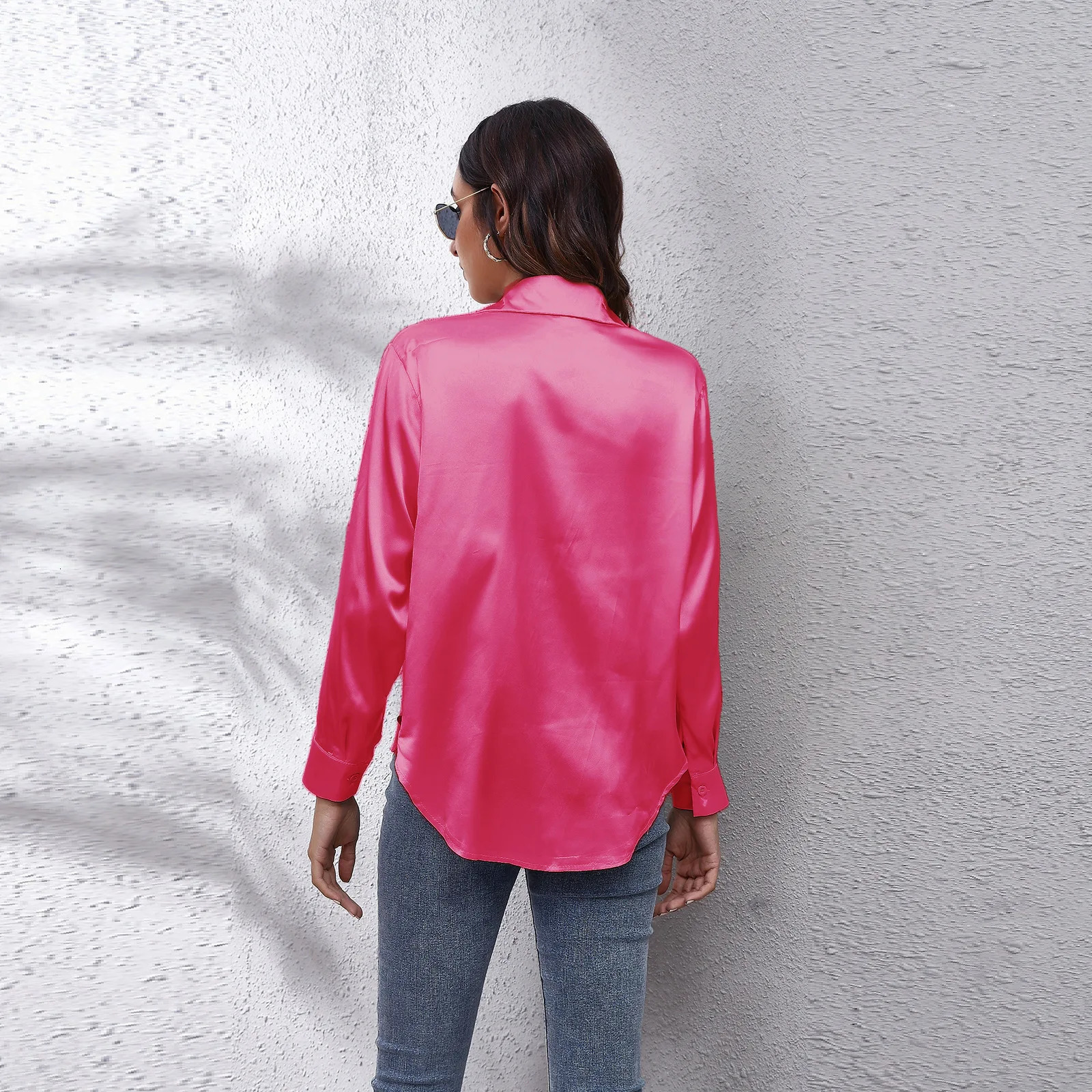 Fashionable Casual Deep V-Neck Solid Color Satin Silk Long Sleeve Shirt For Lady Elegant Commute Lapel Button Blouse 250617