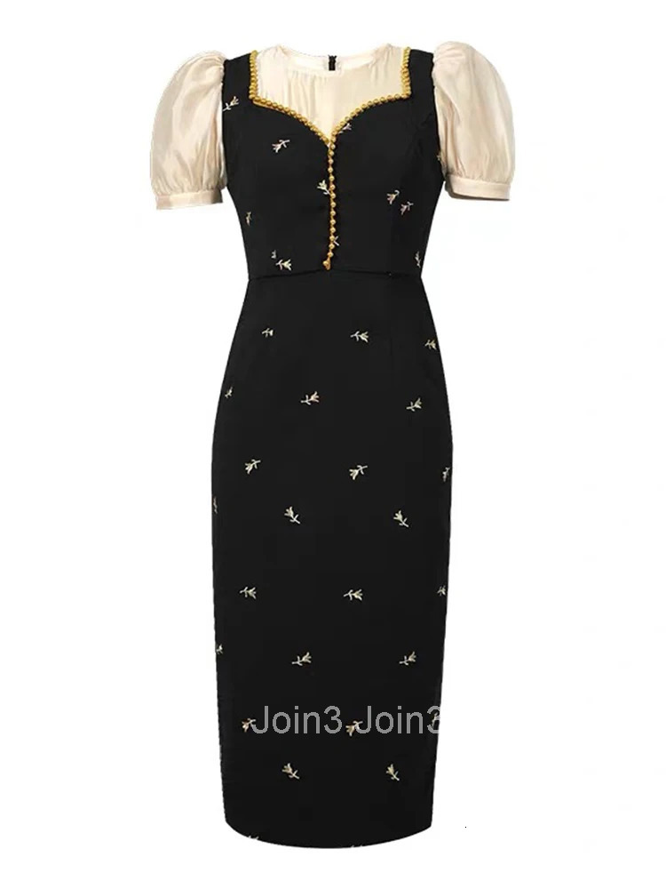 New Summer Fashion Black Fake 2 Pieces Formal Occasion Dress Women Clothes Casual Elegant Puff Sleeve Slim Pencil Party Vestidos