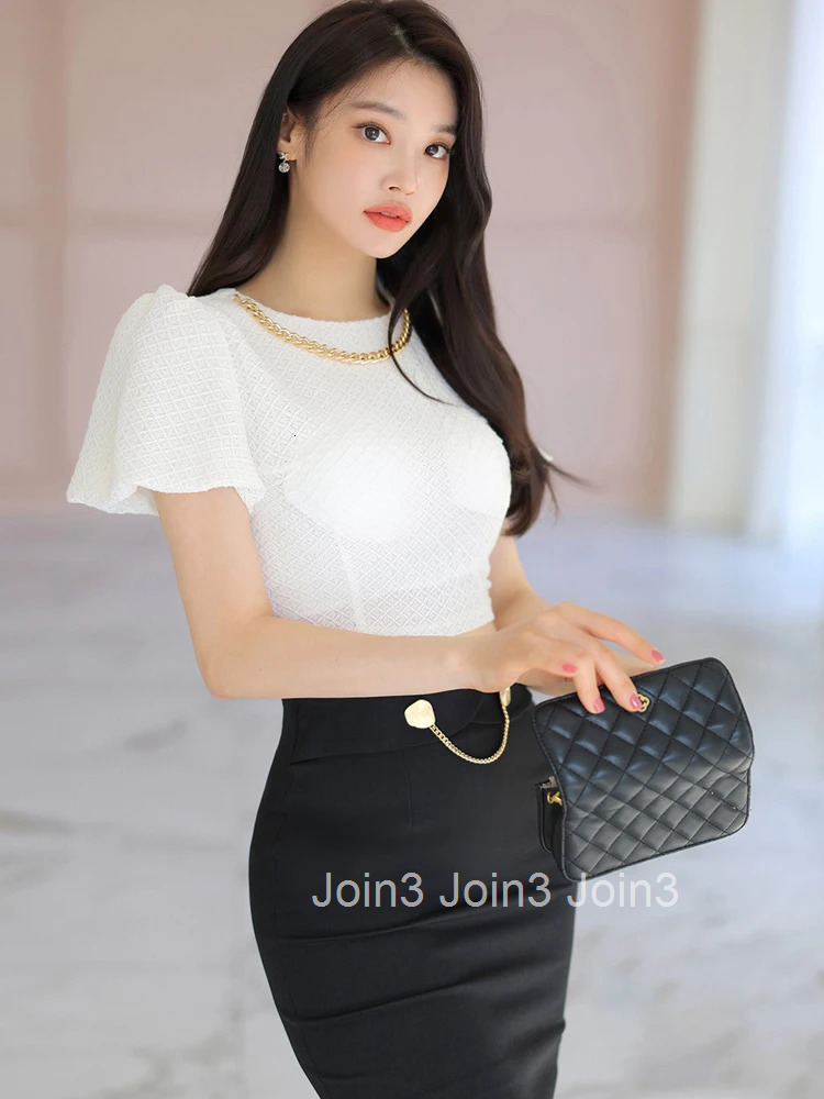 Summer Sexy 2 Pieces Outfits Women Clothes Elegant Puff Sleeve Crop Tops Shirt Blouse And Black High Waist Midi Skirt Mujer Set