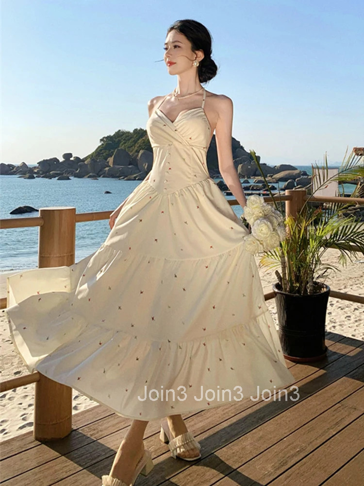 Women Vacation Clothes Sweet Print Sexy Halter Backless A-Line Maxi Long Dress Elegant Fashion Party Prom Vestido Robe Beach New