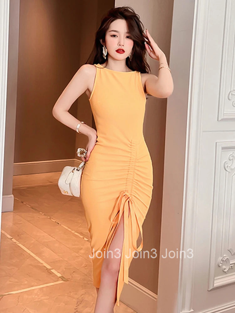 New Korean Women Evening Dress Temperament Casual Yellow Sexy Tank Folds Slit Midi Party Prom Vacation Robe Femme Mujer Vestidos