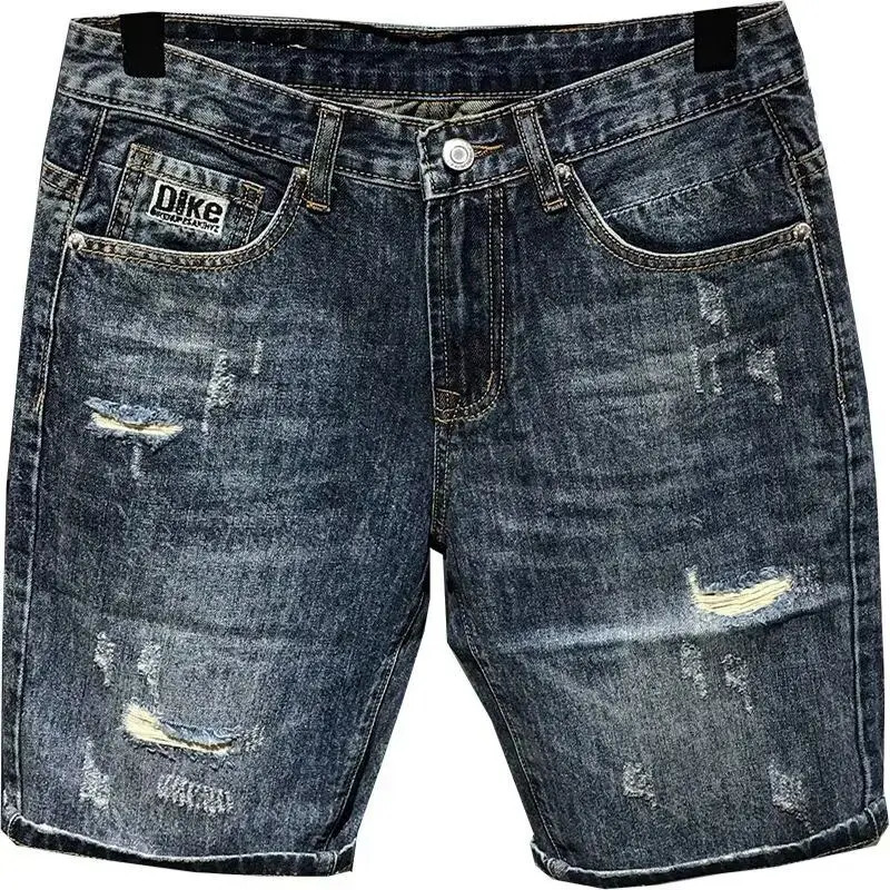 High-end Clothing Trendy Mens Denim Shorts Loose Straight Ripped Hole Distressed Washed Cargo Short Pants 250617