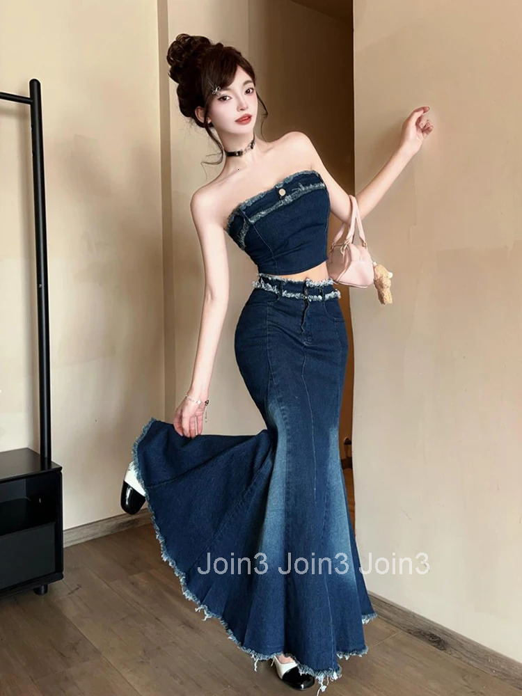 Women Clothes Casual Outfits Sexy Chest Wrapped Cropped Short Tops Shirt Blouse And High Waist Long Skirt Mujer 2 Pieces Set New