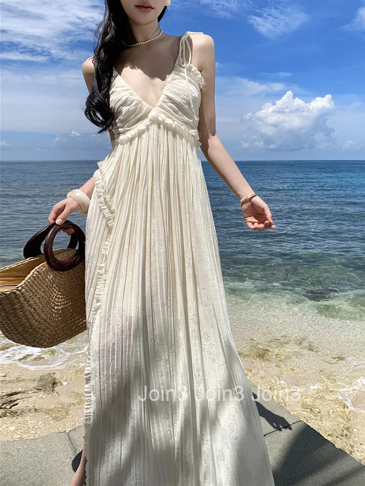 Women Vacation Clothes Sweet Floral Hollow Sexy Sling V-Neck Loose Maxi Long Dress Elegant Fashion Party Prom Vestido Robe Beach