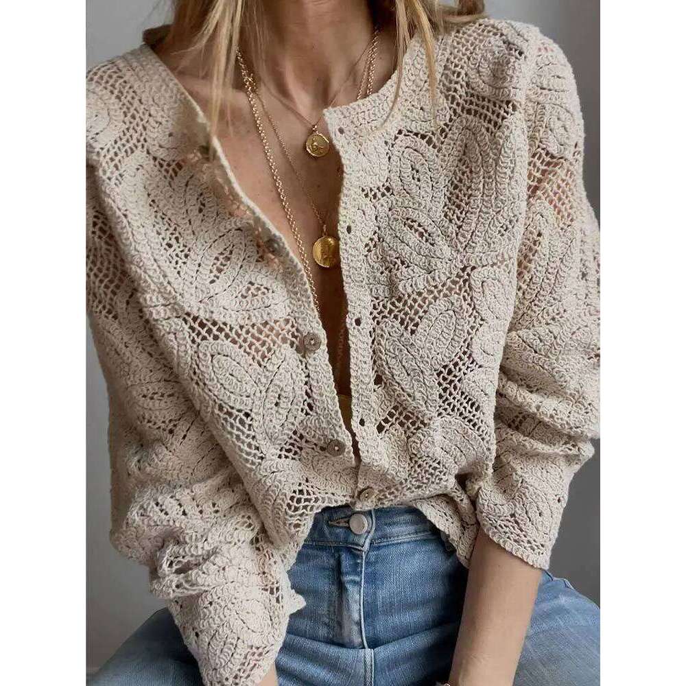 Elegant Beige Casual Hollow Out Shirts Women's Vintage Hook Floral Lace Long Sleeve Button Blouse French Tops Blouses Clothes