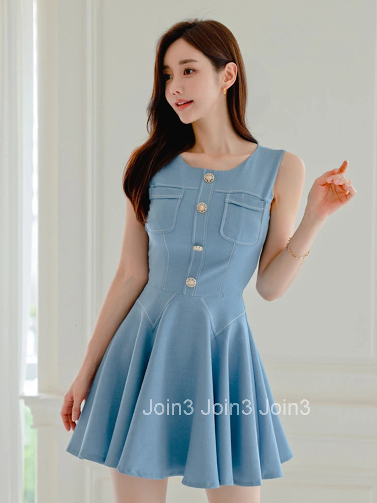 Korean Fashion Summer Simple Sweet O-Neck Short A-Line Dress Women Mujer Casual Vintage Sleeveless Slim Vestidos Street Clothes
