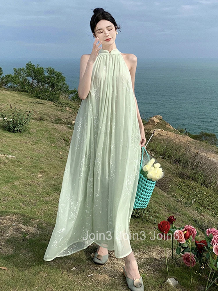 Summer Chiffon Long One Piece Dress Women Vacation Clothes Elegant Pretty Print Sleeveless Loose Maxi Party Robe Mujer Vestidos