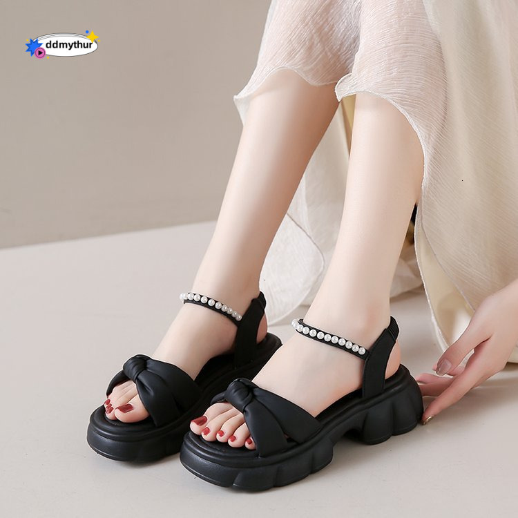 Women's 2024 Summer New Thick Sole Fairy Style Pearl Fashion Open Toe Sandals ddmythur