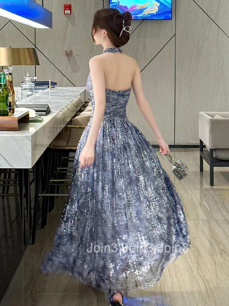 New Elegant Summer Sparkly Evening Dress Women Clothes Retro Sexy Halter Slim Maxi Party Prom Robe Beach Vestidos Fiesta Fashion