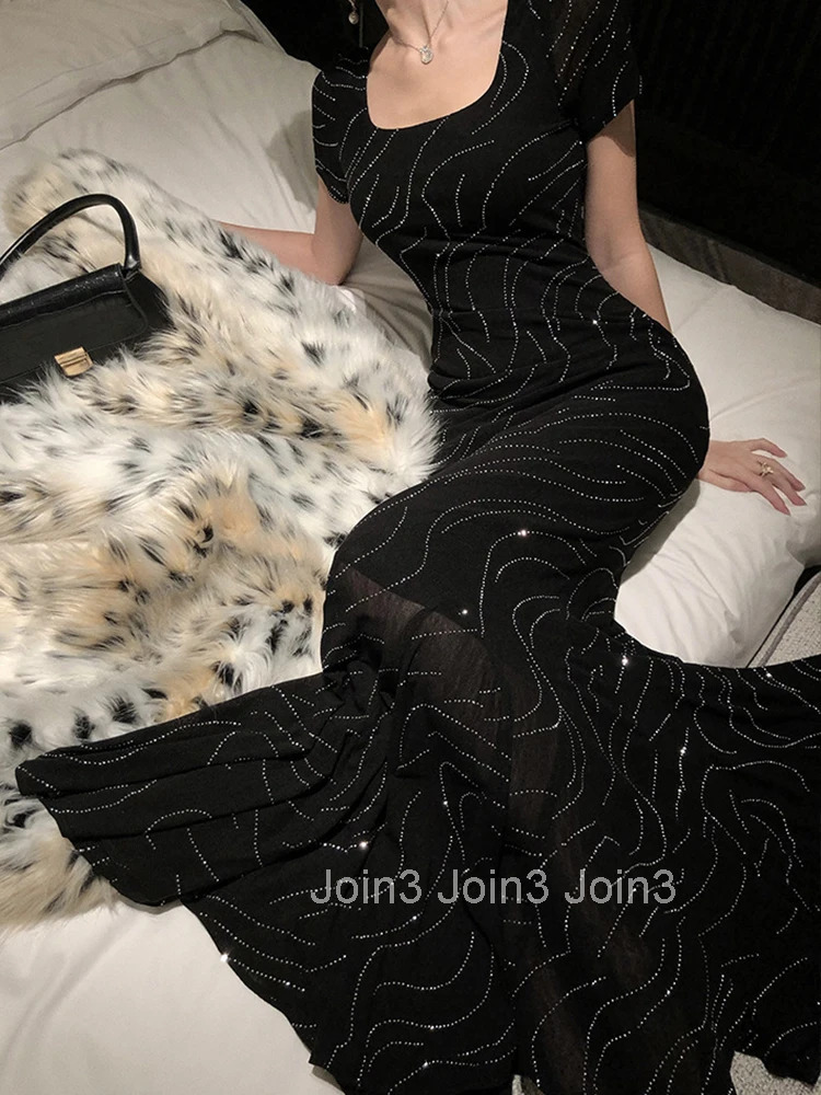 French Style Quality Party Dress Women Socialite Fashionable Bright Rhinestone Long Fishtail Robe Female Evening Prom Vestidos