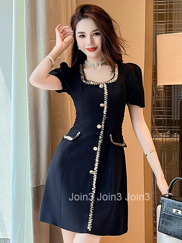 Fashion Summer Black Short A-line Dress Women Ladies Clothing Pretty Elegant Luxury Chic Square Collar Slim Mini Mujer Vestidos