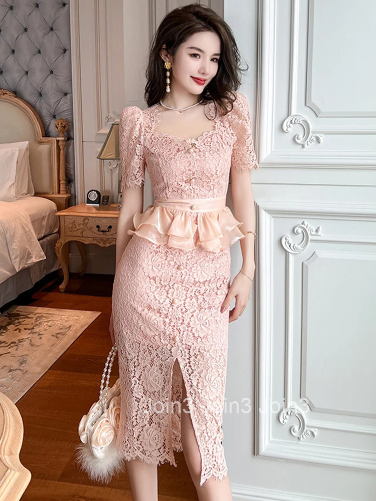 New Summer Elegant Women Evening Dress Chic Lace Pink Sheer Sexy Low Cut Ruffle Slim Midi Pencil Party Prom Femme Mujer Vestidos