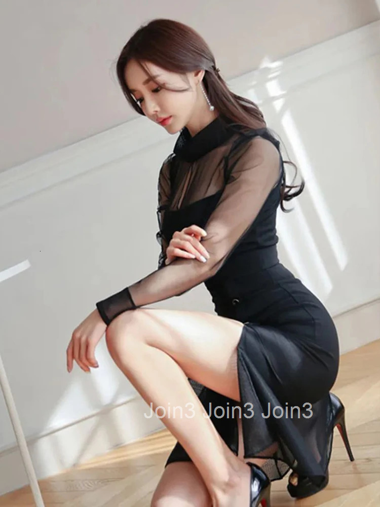 Fashion Work Style Formal Black Mermaid Dress Women Clothes Elegant Office Sheer Sexy Long Sleeve Slim Midi Party Mujer Vestido