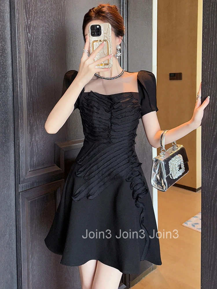 Summer Fashion Casual Black Evening Dress Women Clothes Elegant Sheer Sexy O-Neck Slim Short A-Line Party Prom Vestidos Fiesta